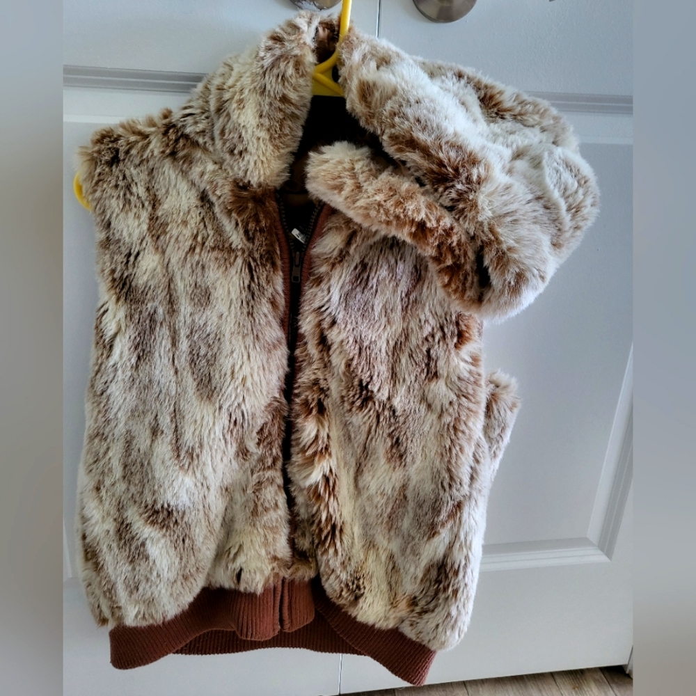 Vintage 70's Moda International FAUX FUR HOODED VEST Polyester Zip-Up  Medium
